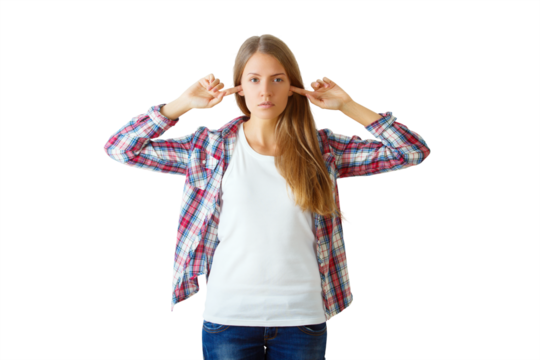 Young woman with long hair in a plaid shirt covering her ears with fingers, standing against a white background. Concept of ignoring