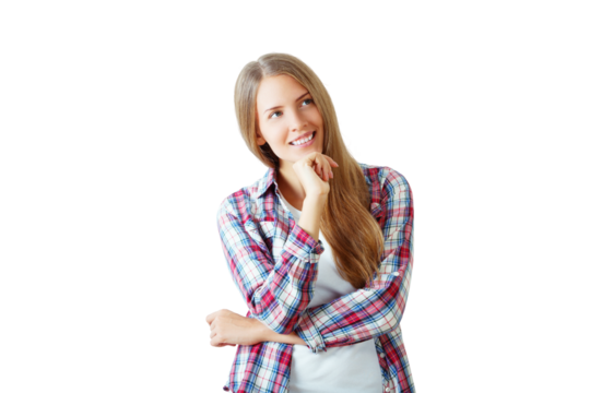 Young woman in plaid shirt, thoughtful expression, isolated on white background. Concept of contemplation and decision-making