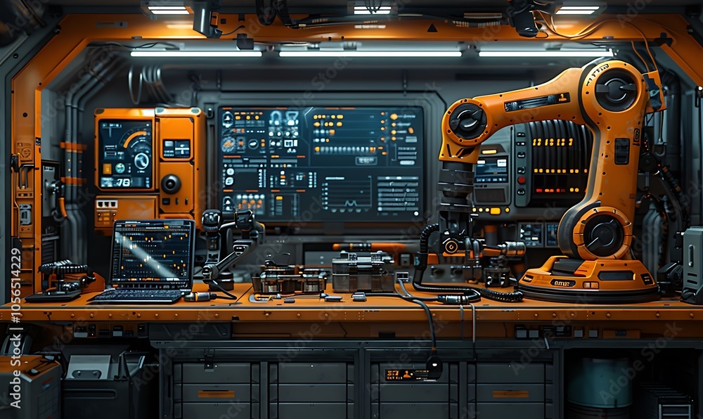 Poster a futuristic workspace filled with advanced robotic arms, control panels, and various tools, showcas