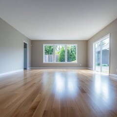 A large, empty living room with a white wall and hardwood floors