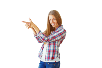 Woman in a plaid shirt pointing with fingers on a white background, smiling confidently. Concept of direction or guidance