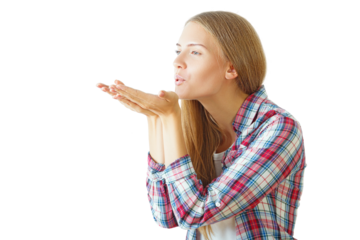 Woman blowing a kiss, wearing a plaid shirt, isolated on white background. Concept of affection and gesture