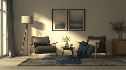 Modern living room with beige walls, dark gray accent chairs, and teal blue throw blankets