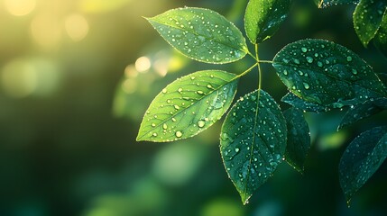 DewCovered Green Leaves in Soft Sunlight