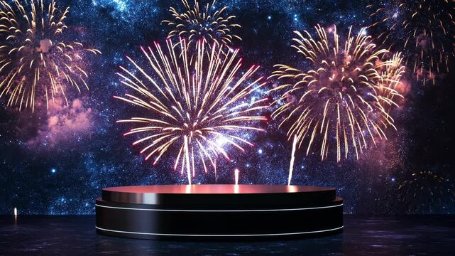 A black platform sits in front of a dazzling firework display against a night sky