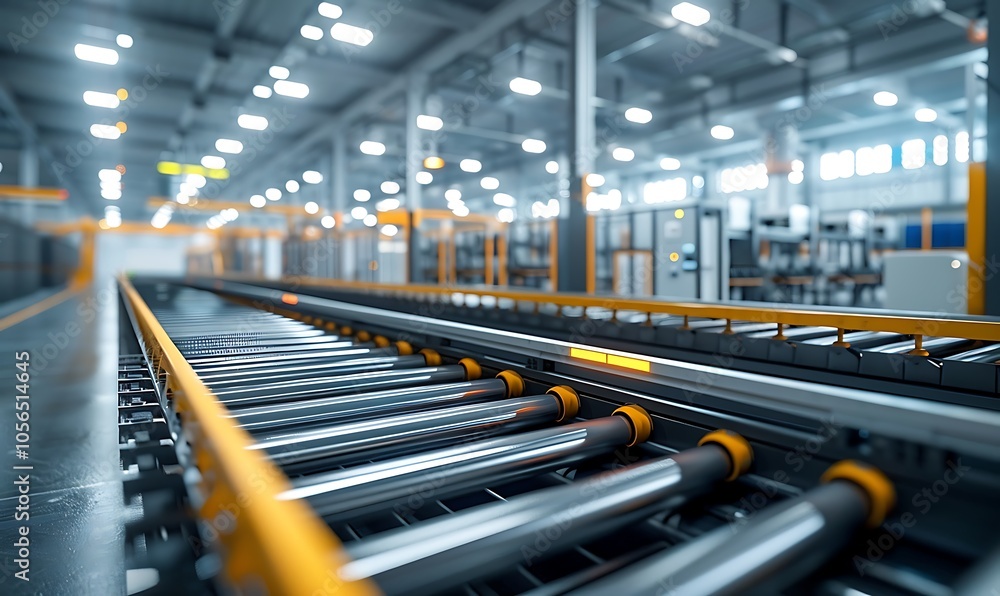 Poster a modern factory interior showcasing a well-lit assembly line with illuminated conveyor rollers, emp