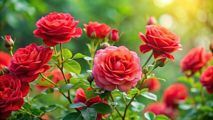 Fototapeta premium A gentle rose bush in full bloom with soft red petals and delicate thorns on its branches, rose, blooms, flowers