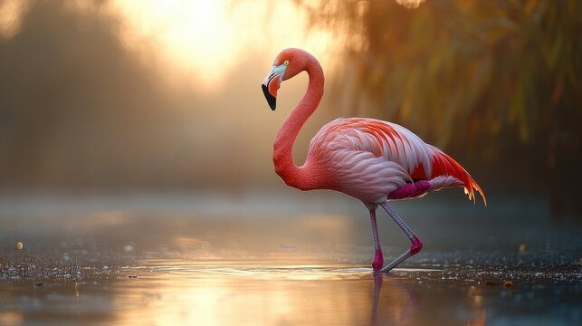 A pink flamingo walking gracefully through a misty wetland at dawn