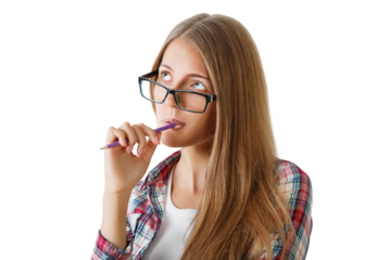 Woman with glasses and pencil in hand, thoughtful expression, plaid shirt, isolated on white background, concept of ideas and thinking