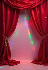 Red curtains with stage lights, creating a festive and celebratory ambiance.