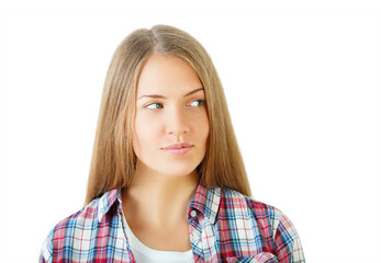 Woman with long hair in a plaid shirt looks to the side, isolated on a white background. Concept of contemplation and casual style