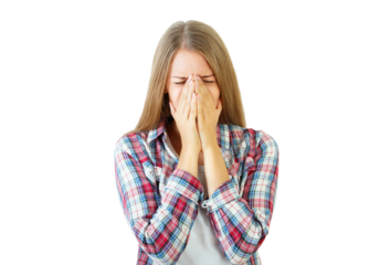 Woman with long hair wearing plaid shirt, covering her face with hands. Isolated on white background. Emotion expression concept