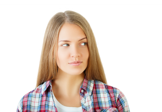 Woman with long hair in a plaid shirt looks to the side, isolated on a white background. Concept of contemplation and casual style