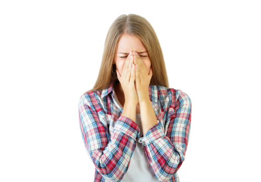 Woman with long hair wearing plaid shirt, covering her face with hands. Isolated on white background. Emotion expression concept