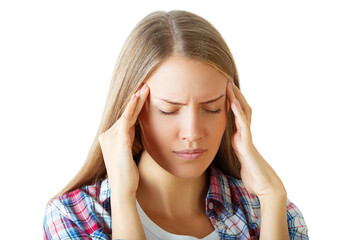 Woman holding her temples, eyes closed, isolated on white background. Concept of headache, stress,...