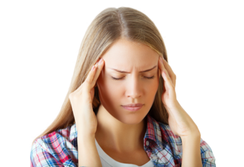 Woman holding her temples, eyes closed, isolated on white background. Concept of headache, stress, or pain relief