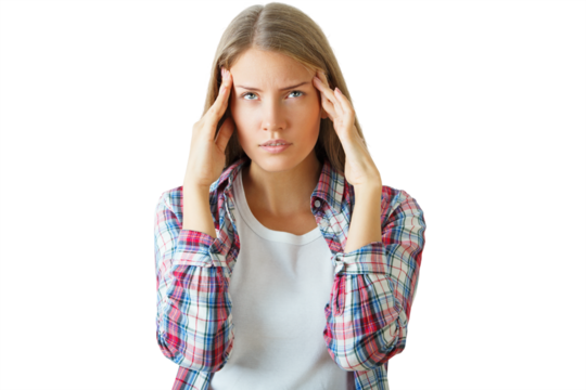 Woman in plaid shirt holding head, appearing stressed, on isolated white background. Concept of stress and headache