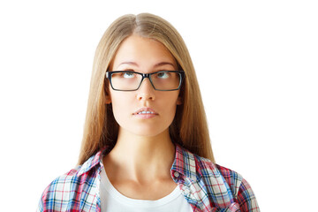Obraz premium Woman in glasses and plaid shirt looking upwards, isolated on white background. Concept of curiosity and contemplation