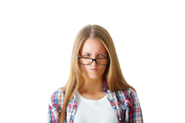 Woman with glasses making a playful face, wearing a plaid shirt, isolated on a white background, expressing humor