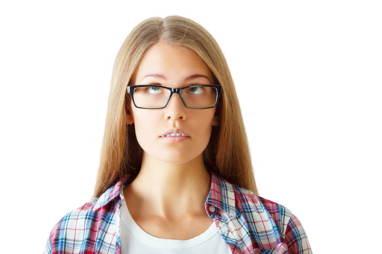 Woman in glasses and plaid shirt looking upwards, isolated on white background. Concept of curiosity and contemplation
