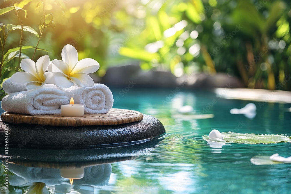 Poster a small pool of water with a stone and two white towels on top of it. the towels are folded and the 