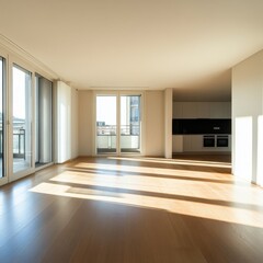 Obraz premium Spacious modern apartment with large windows, wooden flooring, and abundant natural light. Ideal for real estate and interior design concepts.