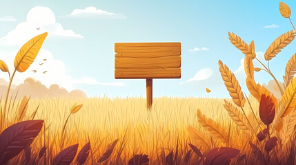 Golden wheat field with a sign autumn harvest, rustic and natural, representing the season and harvest time. Golden Harvest Fields. Illustration