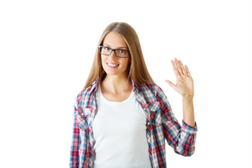 Smiling woman with glasses in plaid shirt waving. Isolated on white background. Concept of friendly greeting and casual style
