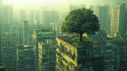 Obraz premium Solitary Tree on Urban Rooftop Amidst Dense Cityscape with High-Rise Buildings and Green Haze in the Background