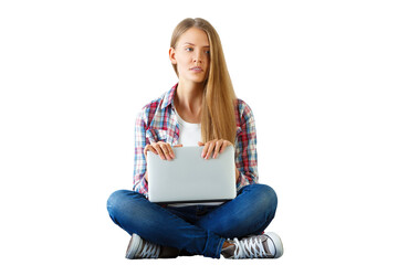 Woman with long hair holding a laptop, sitting cross-legged. Isolated on a white background....
