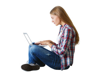 Woman in casual outfit sits typing on a laptop. Isolated on white background. Concept of remote...