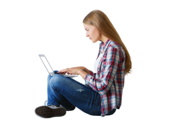 Woman in casual outfit sits typing on a laptop. Isolated on white background. Concept of remote work and technology use