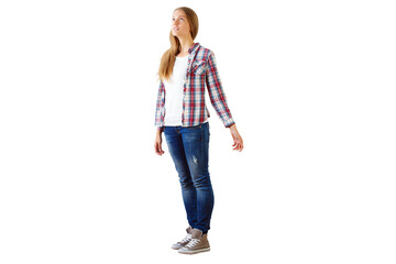 Woman in casual plaid shirt, jeans, and sneakers, isolated on a white background. Concept of...