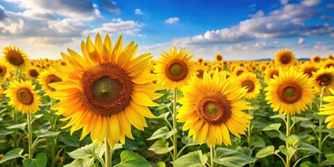 Obraz premium A lush meadow of golden yellow sunflowers stands tall and proud on a warm summer day, orange, long