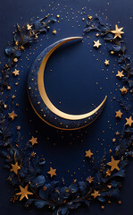Naklejka premium A happy crescent moon with tiny sparkling stars on a dark indigo background, an adorable wallpaper for a celestial theme.