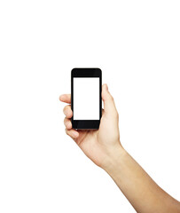 Hand holding a smartphone with a blank screen, isolated on a white background. Concept of mobile display template and layout