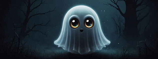 Cute, round ghost with big eyes floating in a dark misty background, ideal for a playful Halloween-themed wallpaper.