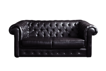 Black leather sofa with tufted design on white background. Classic style furniture isolated, perfect for interior design concepts