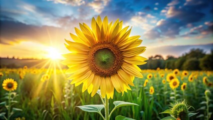 Fototapeta premium A majestic sunflower stands tall in a lush meadow, its bright yellow petals shining like rays of sunshine and its dark center adding depth and contrast, nature, contrast, sunlight, detail, field