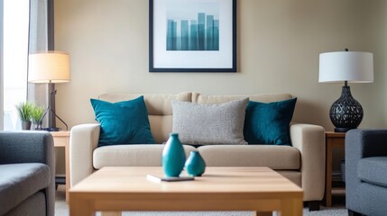 A living room featuring beige walls, dark gray accent furniture, and teal blue textiles