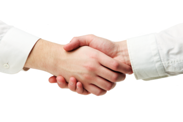 Closeup of two hands shaking against a white background. Symbolizing agreement and partnership, isolated and focused concept