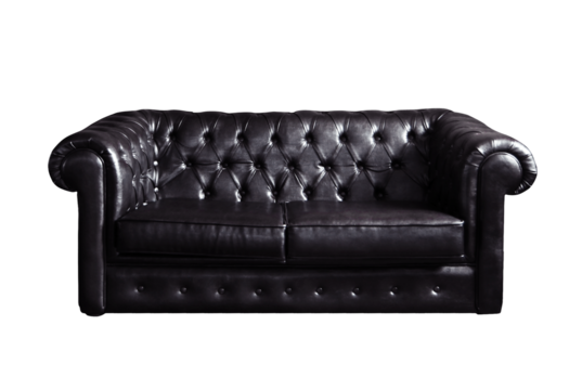 Black leather sofa with tufted design on white background. Classic style furniture isolated, perfect for interior design concepts