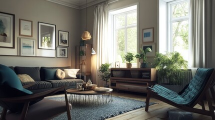 Fototapeta premium Cozy living room featuring beige walls, dark gray accent furniture, and teal blue textiles