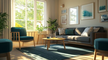 A living room with beige walls, dark gray furniture, and teal blue cushions