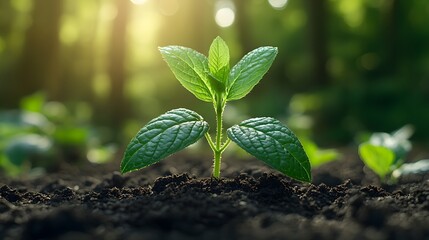 Young Plant Sprouting in Sunlight with Green Background