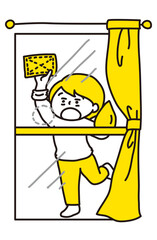 ベランダで息を吹きかけながら窓を吹いている女性（2色）