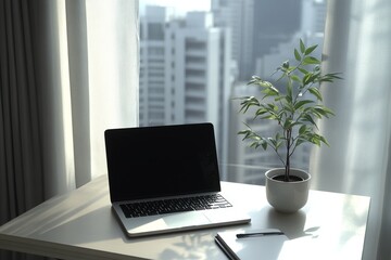 Fototapeta premium A bright and minimalistic home office desk setup featuring a laptop, coffee, plant, and notebook in natural light