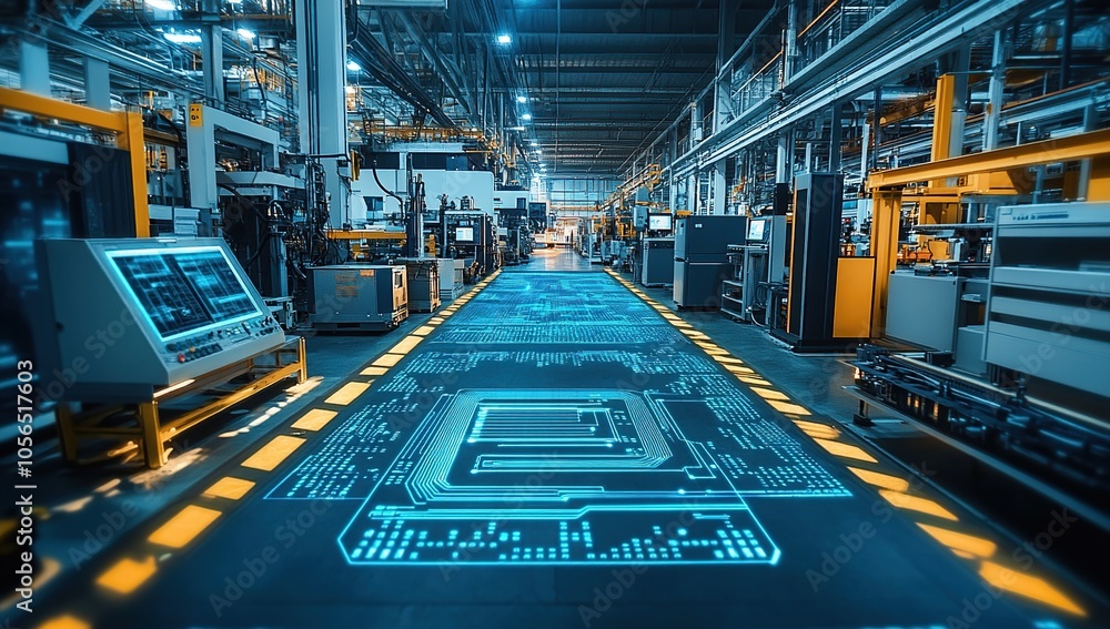 Poster a futuristic factory with digital overlays showing a circuit board on the floor.