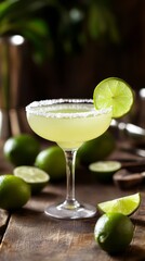 A classic lime margarita in an elegant glass, garnished with salt and a slice of lime on the rim, surrounded by fresh limes and cocktail utensils on a rustic wooden table. 