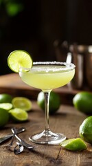 A classic lime margarita in an elegant glass, garnished with salt and a slice of lime on the rim, surrounded by fresh limes and cocktail utensils on a rustic wooden table. 